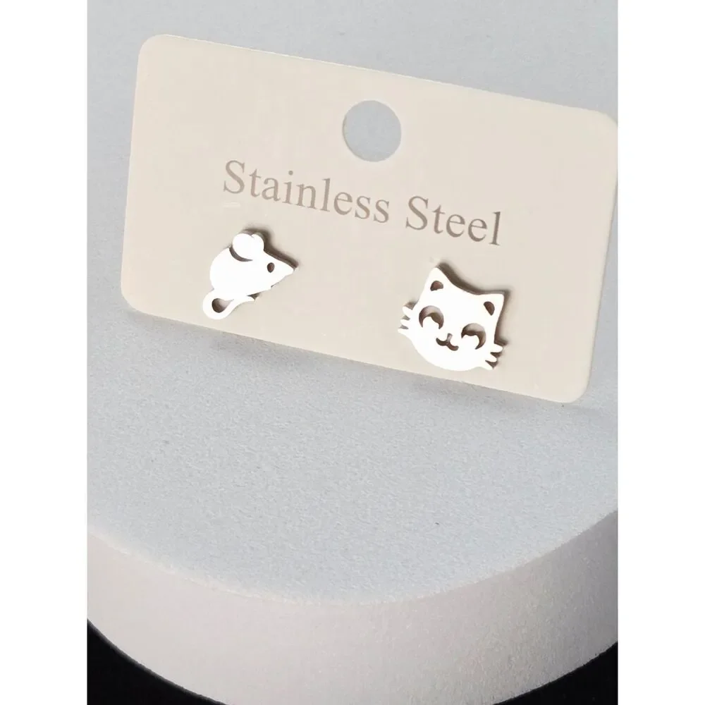 Cat Mouse Stud Earrings Mismatched Dainty Silver Stainless Steel Cute Playful